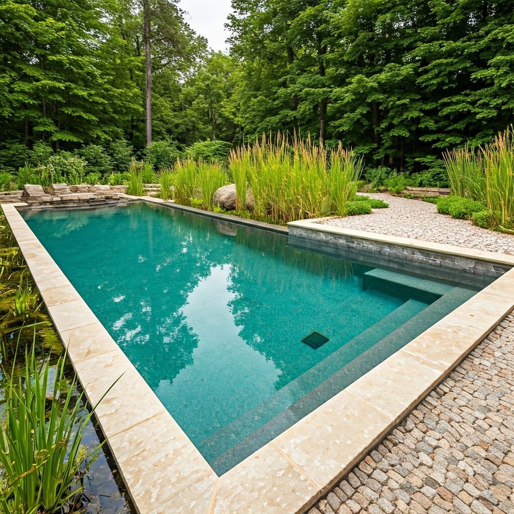 Natural swimming pool with stone edges and plants